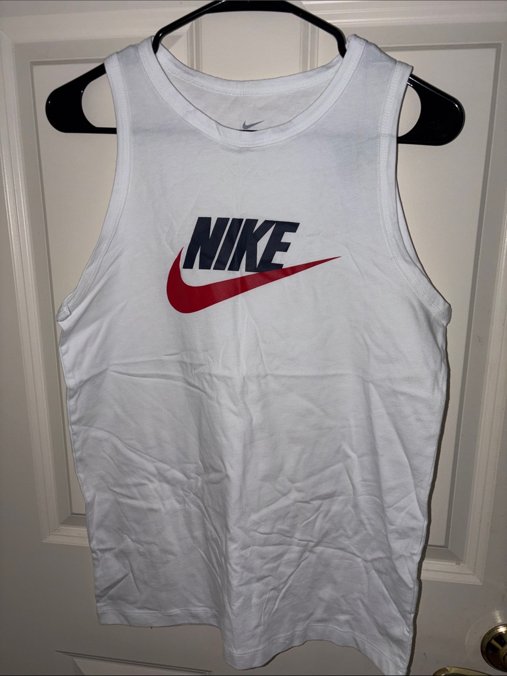 Nike White Tank Top with Red Swoosh and Navy Logo